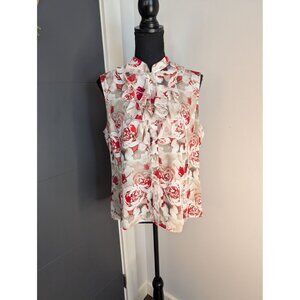 Tahari ASL Petite Gray and‎ Red Floral Ruffle Button-Down Sleeveless Blouse - PL